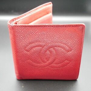 Vintage Chanel Red Caviar Leather CC Logo Bifold Wallet Mens Coin Pocket 4805054